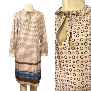 1970s Kay Windsor Dress Long Sleeves size L vintage w Brown & Blue Print retro.